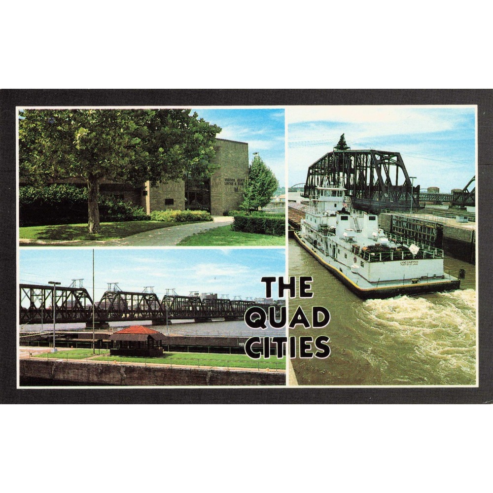 Quad Cities IA IL Mississippi River Lock & Dam 15 Bridge Chrome Postcard